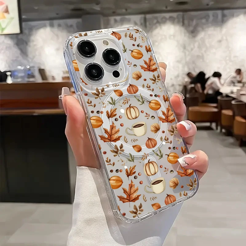Transparent Pumpkin Autumn Leaves with Coffee Case For Samsung Galaxy S24 S22 S21 S23 S25 Ultra Plus FE Wireless Charge Cover