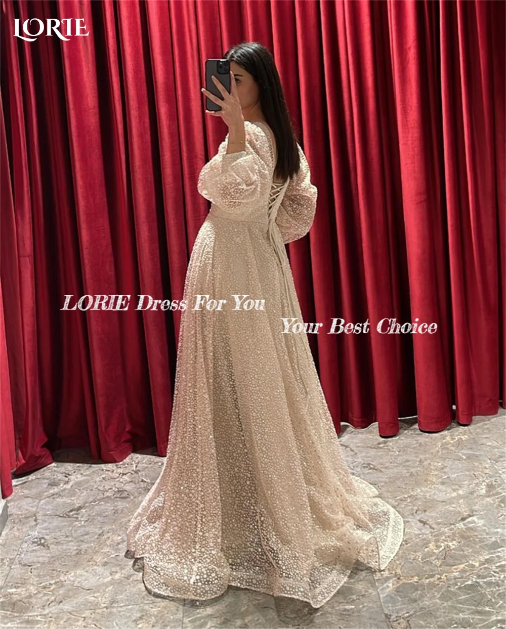 LORIE White Dot Formal Prom Dresses A-Line V-Neck Puff Sleeves Backless Evening Dress Lace Up Back Floor Length Party Gowns 2023