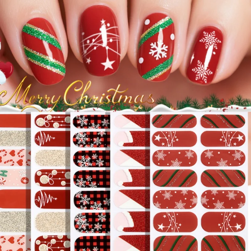 

16pcs/packChristmas Nail Art Stickers Red Gold Simple Disposable Nail Polish Film Nail Stickers Party Nail Decoration Stickers