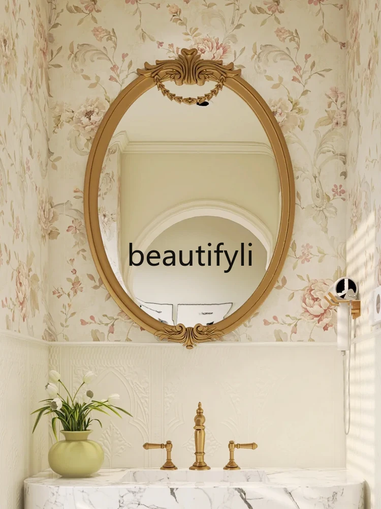 

French retro toilet washstand smart bathroom mirror wall-mounted oval engraved high-end bathroom makeup mirror