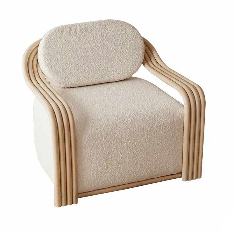 

Solid wood sofa chair made of wind vine Nordic small apartment balcony leisure chair New lamb wool fabric single chair
