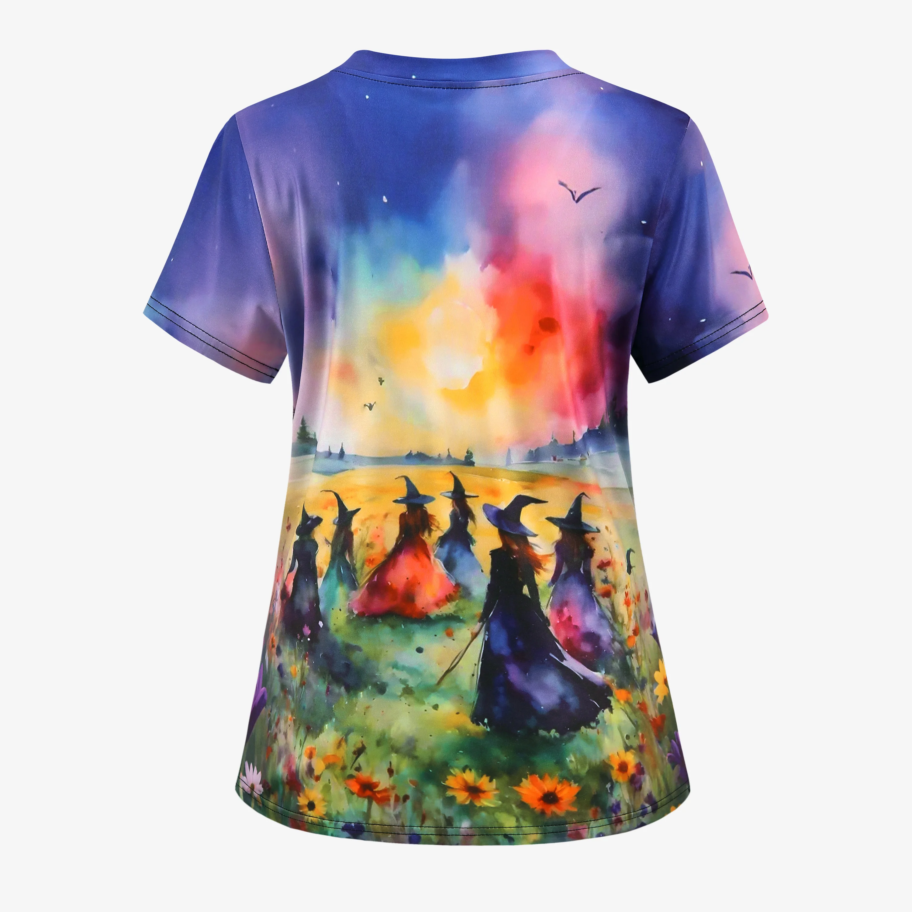 Women's Chic V-Neck Witch & Sunset Floral Print T-Shirt with Patch Pockets Short Sleeve Halloween Themed Knit Nurse Uniform Top