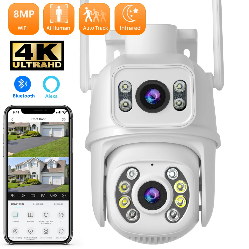 8MP PTZ IP Camera Dual-Lens Multiple Views Human Detect Smart Night Vision Wifi Bluetooth Connection Surveillance Camera ICSEE