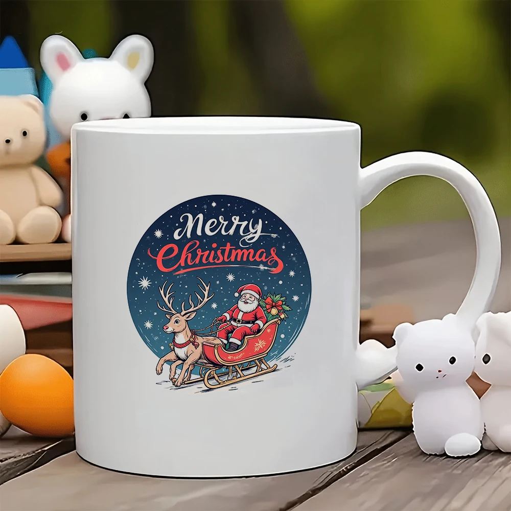 

11oz Cup Santa Claus cartoon design Starry Night Sky pattern Merry Christmas handwritten font Red and Gold decor