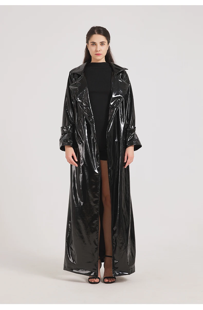 Lautaro Spring Autumn Black Shiny Reflective Soft Patent Leather Trench Coat for Women Luxury Designer Floor Length Clothes 2024
