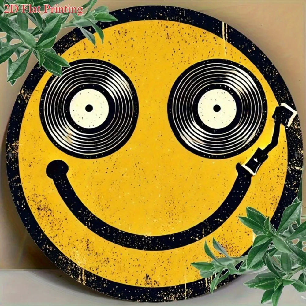 Retro Metal Wall Art Decor, Vintage Round Smiling Face Sign for Home Bar Cafe, 2D Flat Aluminum Face Plate, 7.87 Inch No Electri