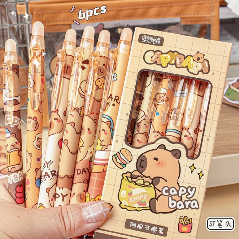 

6 шт., набор милых гелевых ручек с капибарой, кавайные ручки с рисунком животных, 0,5 мм, стираемая гелевая ручка с синими чернилами для офиса, школьных принадлежностей