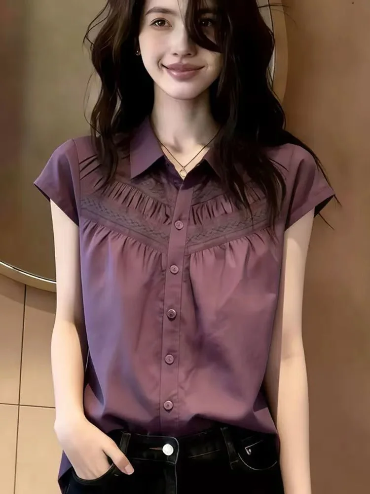

Elegant Purple Pleated Women's Shirt Summer 2026 Casual Style Ageless Short Sleeve Top Fashionable Versatile Commute Friendly
