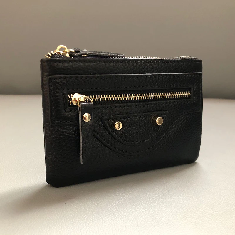 Genuine Leather ID Card Holder Women Wallet Coin Purses Key Chain Pendant Homemade Zipper Ladies Money Bag Pouch Ins Japan Kpop