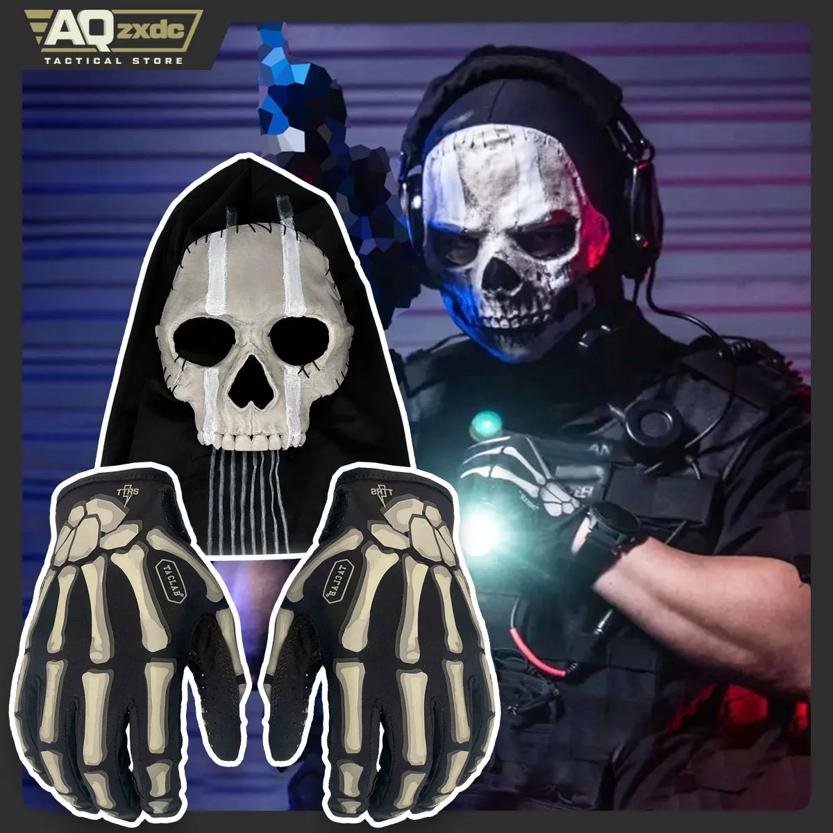 AQzxdc Cod Ghost mask V2 - Operador MW2 Airsoft COD Cosplay Airsoft Tactical Skull Full Mask with Reaper Ghost Luminous Gloves