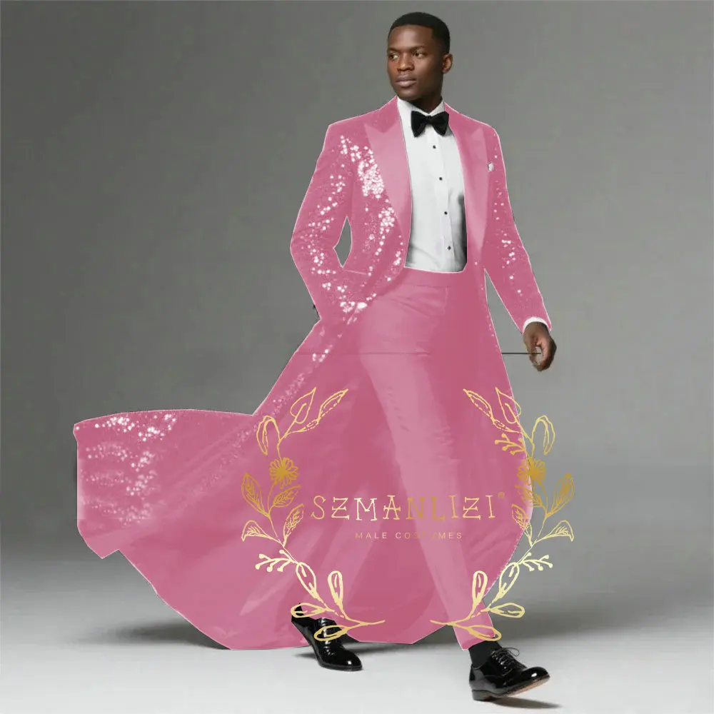 Black Sequins Suits Men 2 Pieces Sets Peaked Lapel Groom Blazers Sets Long Tail Customized Wedding Tuxedo costumes homme - Image 3