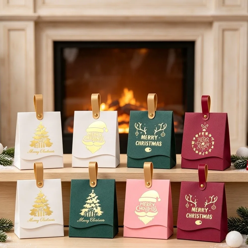 10pcs Leather Handles Christmas Gift Boxes Cardboard Flap Top Party Favor Bag Xmas Tree Pattern Gift Packaging Bag Party Decor