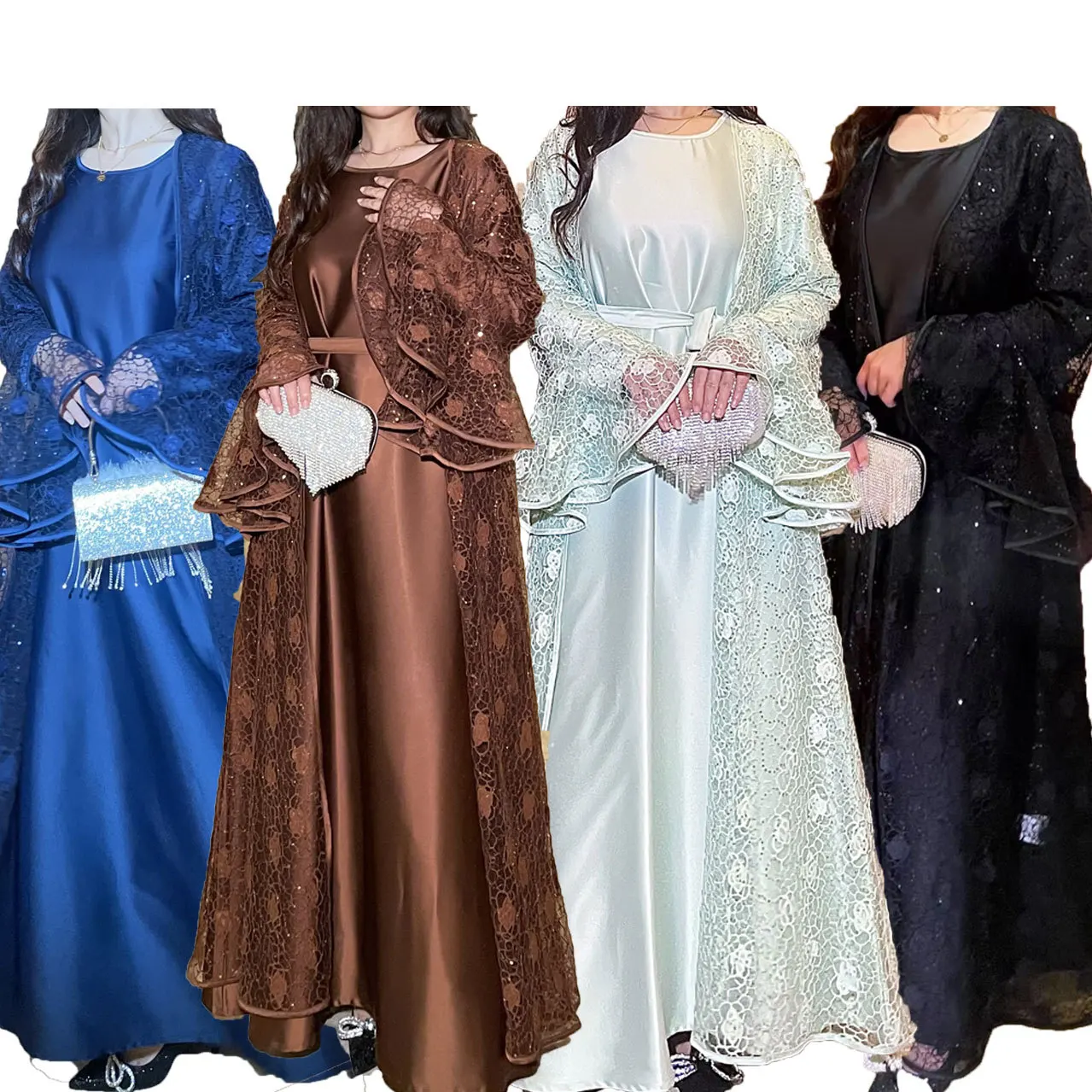 Elegant Long Muslim Women's Two-Piece Set with Lace And Flared Sleeves for Formal Occasions Shiny Sequins Brown Polyester