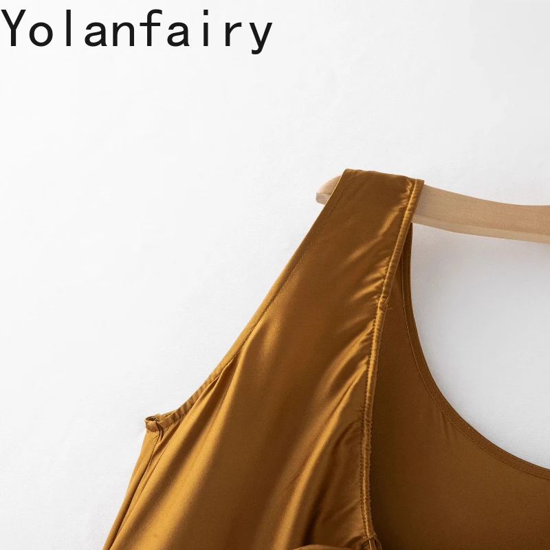 YOLANFAIRY 93% Mulberry Silk Sundress Woman French Gentle Crepe Satin Women Dress Retro Drawstring Summer Elegant Ladies Dresses