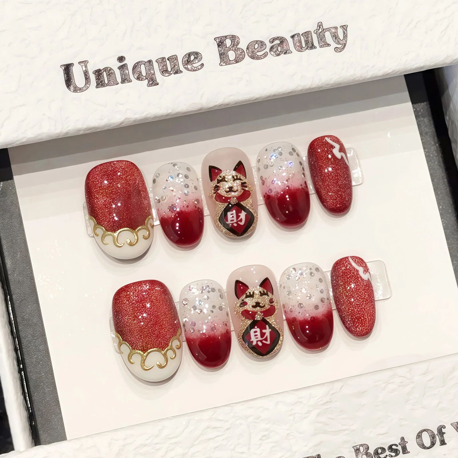 

10pcs Cute Fortune Cat False Nail Tips Short Almond Gradient Red French Handmade Press On Nails Flash Sequins Chinese Fake Nail