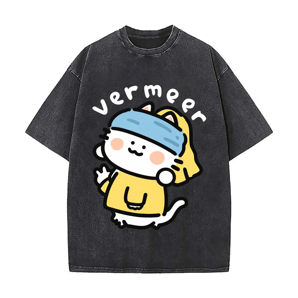 Cute Cat Vermeer Girl With Pearl Earring Cosplay Washed Vintage Short Sleeve Loose Streetwear Tee
