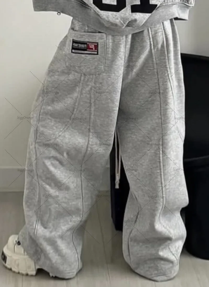 هاي ستريت الأمريكية الرجعية الشارع الشهير المرأة البدلة قطعتين مجموعة العصرية Harajuku قلنسوة بسحاب عادية الربط رمادي Sweatpants