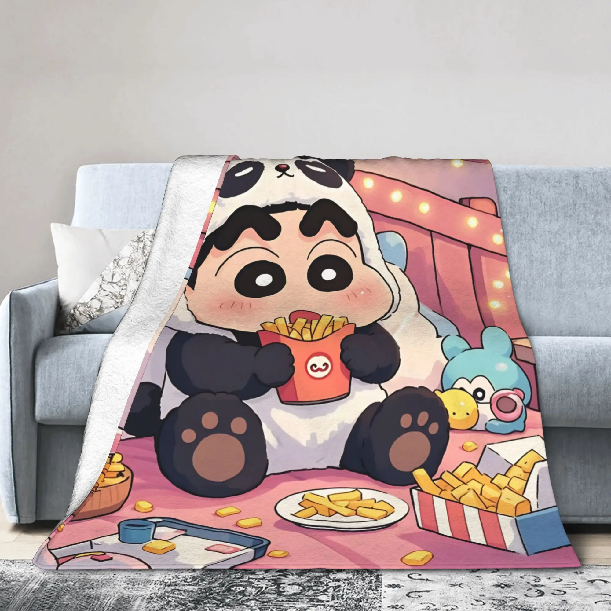 Shinchans Panda Eating Flannel Blankets  Funny Throw Blanket for Bed Sofa Couch 150*125cm Rug Piece