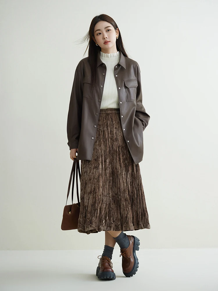 DUSHU Velvet Printed Pleated Half Skirt 2023 Winter New High Waisted Half Skirt For Women Brown Skirts Casual Loose