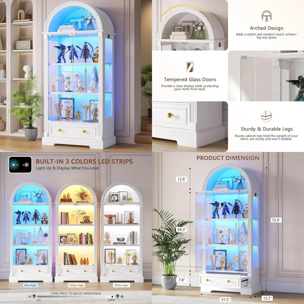 

Арочный шкаф-витрина со стеклянными дверями, 72 высоких шкафа Curio с сенсорной подсветкой человека, 4-уровневая витрина для коллекционных предметов Bo