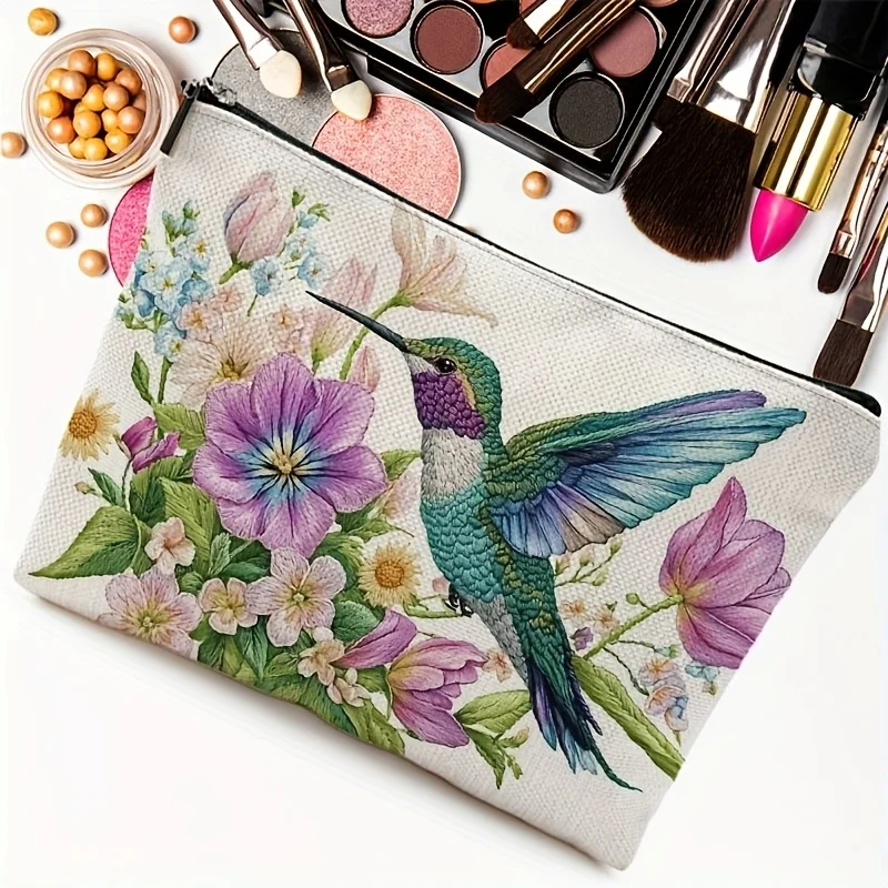 Tas riasan burung kolibri putih yang cerah dan bermotif bunga - kantong ritsleting multifungsi yang lucu untuk wanita, tas penyimpanan perhiasan