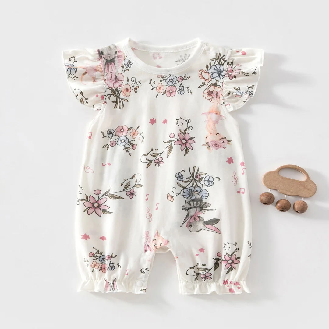 Body de algodón para bebé, estampado floral, con volantes, manga corta, cuello redondo, mono para niñas, fino y suave, para verano 2026