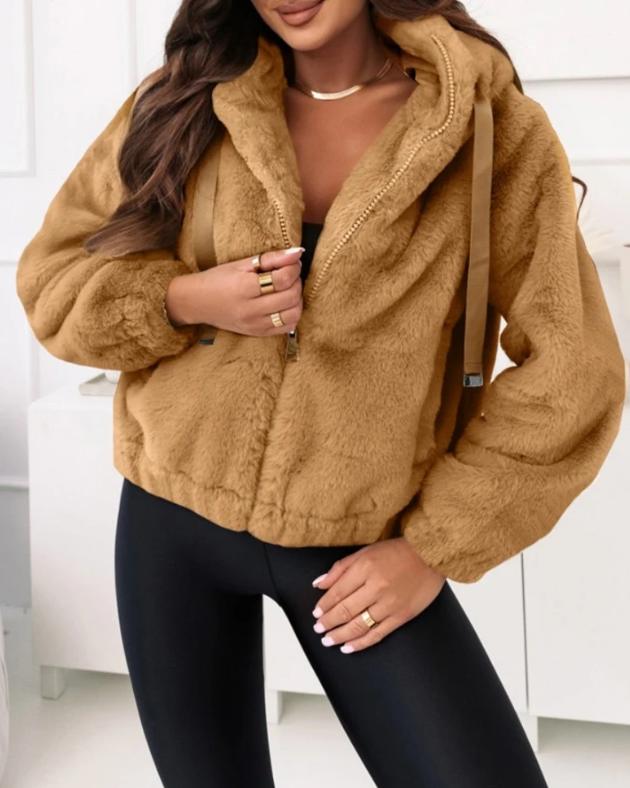 Fuzzy Thermal Teddy Jackets Women Faux Fur Coats Autumn Winter Hooded Thick Outerwear Pockets Zip Up Long Sleeve Warm Loose Coat