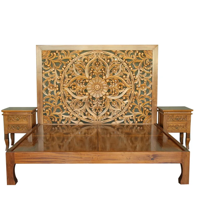 Southeast Asian style furniture 1 meter 8 high back Thai bed ancient and modern logs BD298 carved solid wood double bed