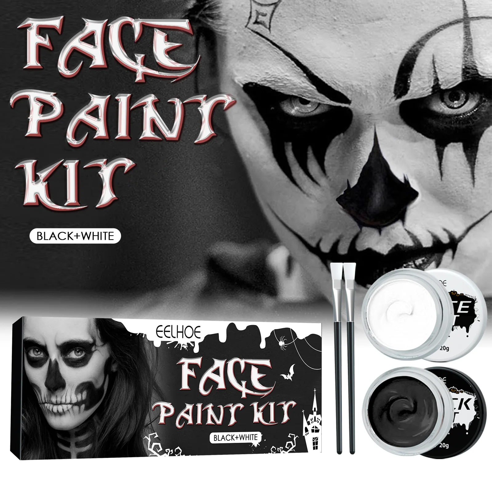 Conjunto de pintura corporal para o Halloween, esqueleto zumbi vampiro, maquiagem facial, preto e branco