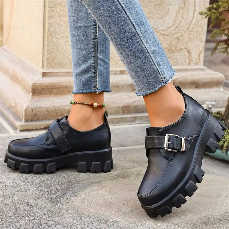Platform Women's Punk High Heels Loafers Shoes Big Size 47 Buckle Black Thick Sole Heeled Punk Gothic Shoes Ladies 2026 Spring