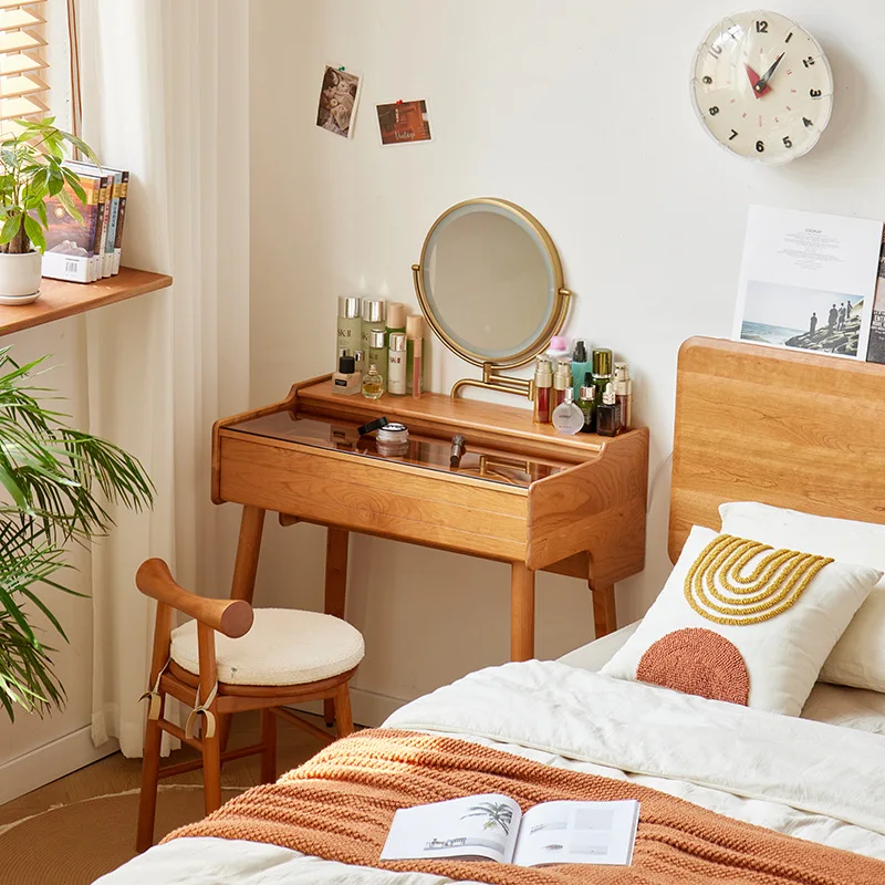 

Nordic style small apartment super narrow solid wood dresser bedroom retro cherry wood makeup table with mirror integrated table