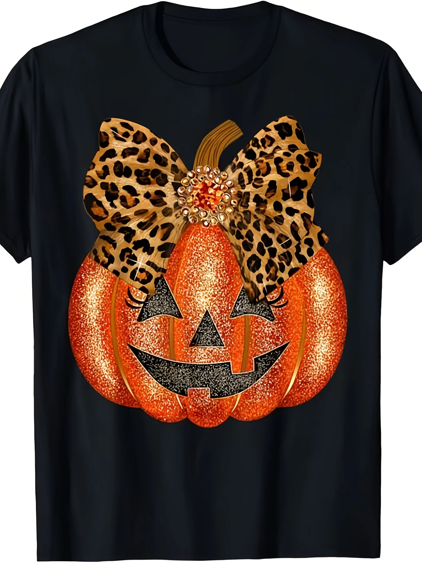 Women'S Black Vintage Leopard Pattern Bow & Illuminated Jack-O'-Lantern Graphic Tee - 220Gsm Heavyweight Crew Neck Short Sleeve, Year-Round Casual & Halloween Celebration Shirt with Glowing Eyes, Moisture-Wicking, Beach & Sports