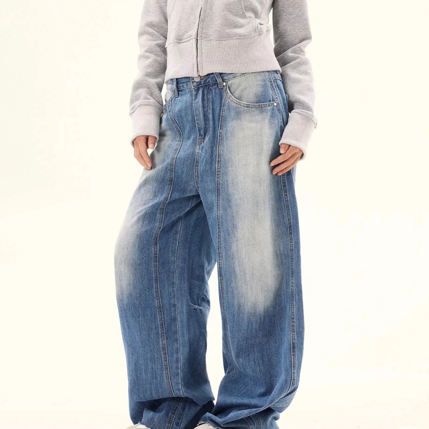 Retro Washed Scimitar Blue Jeans Men Women European Loose Straight 3d Banana Pants Wide Leg Women's Loose Fit Trousers