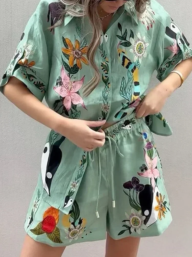 2024 New Fashion Trend Design Chic Print Summer Women's Two-piece Short-sleeved Blouse Top and Drawstring Shorts Set Goddess