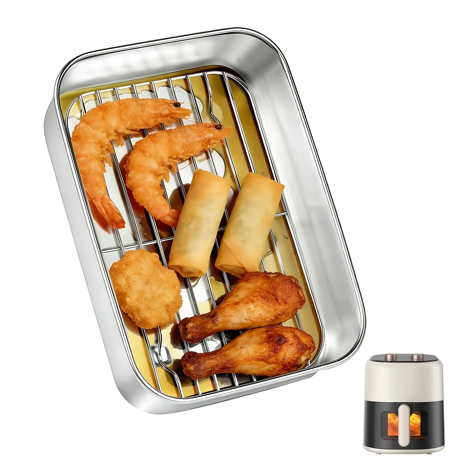 Assadeira de Aço Inoxidável para Airfryer, Forma Retangular de Aço Inoxidável, Forma Grande para Assar, Forma para Fritadeira de Ar Quente