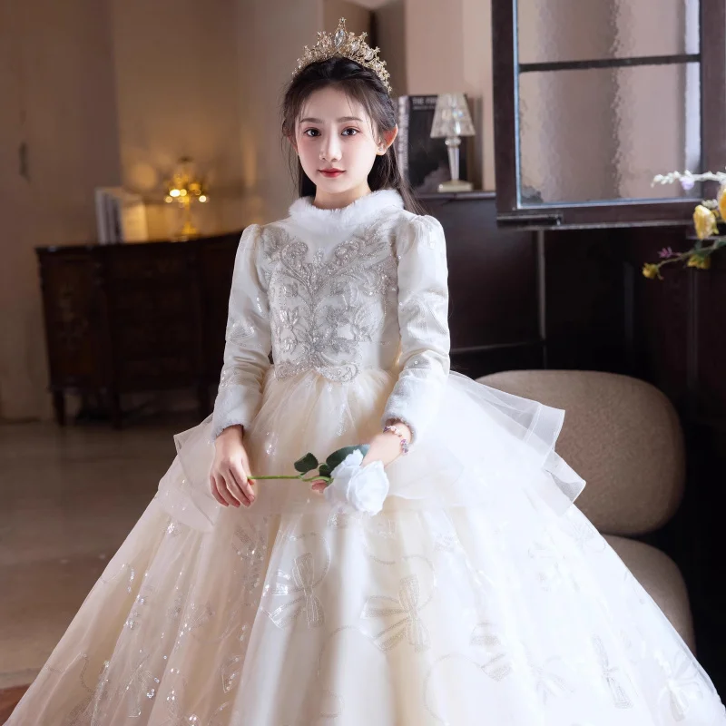 

Girls' Dress2025Summer New Long Sleeve Fleece Lined Thickened Children's Birthday Princess Dress Piano Performance Children's Fo