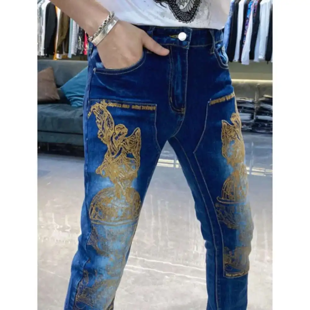 

Men's Dedicated Gold Embroidery Front Patch Pants Slim Fit Washed Blue Jeans Stretchable Skinny Fit Party Pantalones Streetwear
