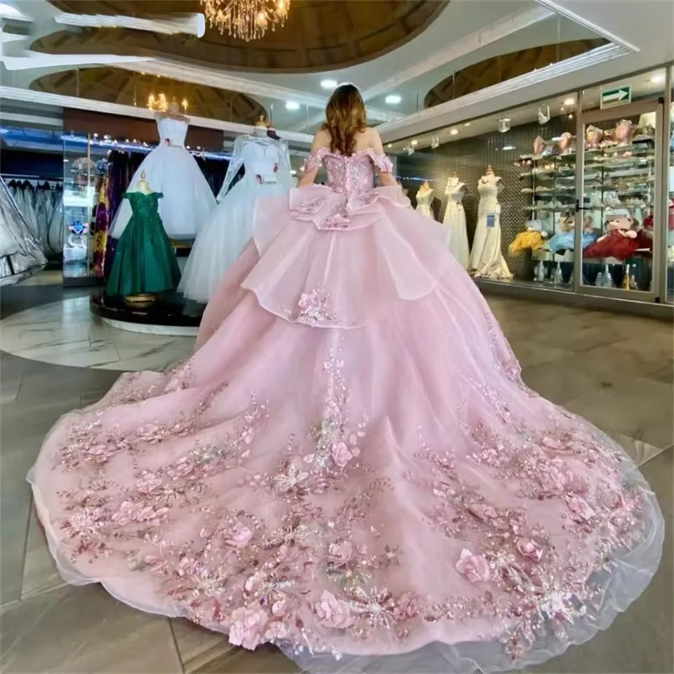 Personalizado mangas compridas tule vestidos de baile quinceanera vestidos arco renda appliqued trem doce 15 aniversário vestidos de baile