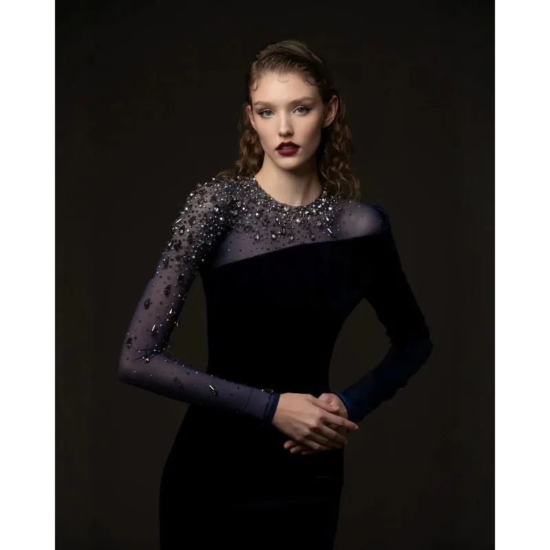 Moderne avondjurk lange mouwen kristallen kralen feestjurk vloerlengte speciale gelegenheid Saoedi-galajurk op maat