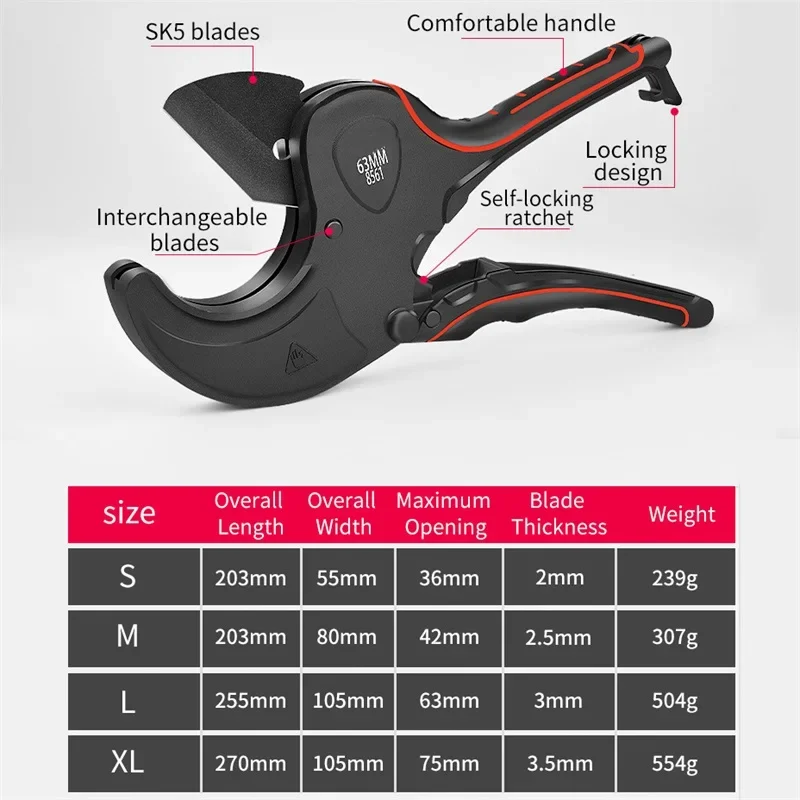 Forbici per tubi professionali tagliatubi lama SK5 con trattamento cricchetto Pvc/Pu/Pp/Pe cesoie per tubi flessibili linea elettrica utensili manuali