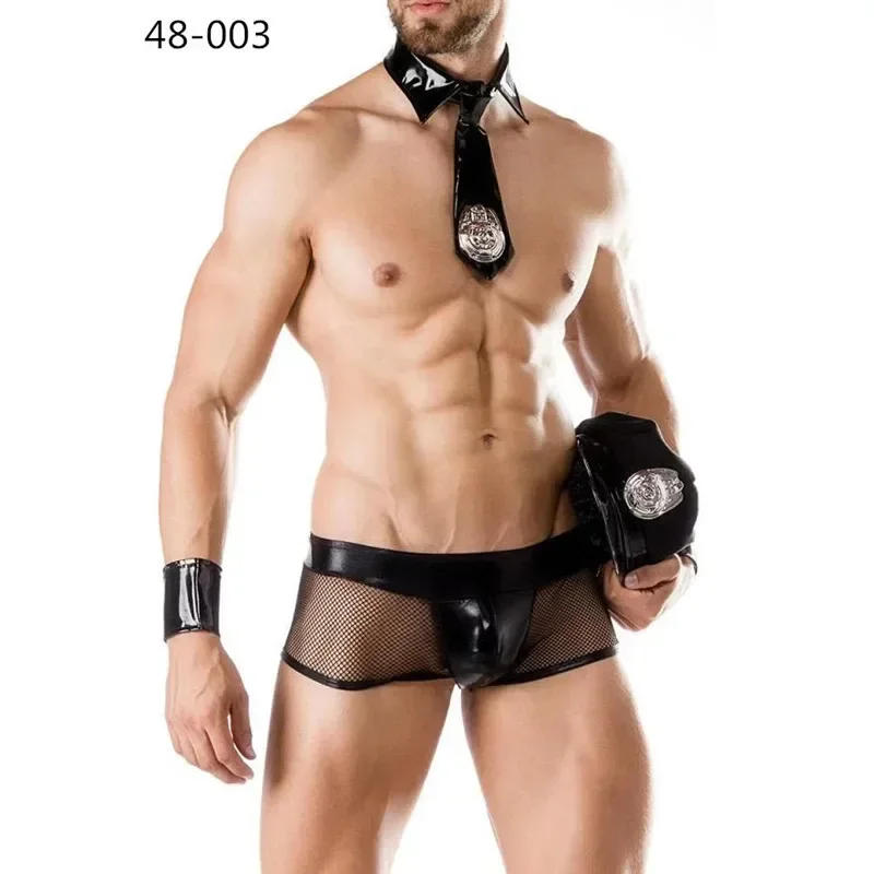 Mono de policía de piel sintética para hombre, Top con lazo y bragas, traje de enfermera masculina, disfraces sexys de policía, juegos de rol para motocicleta