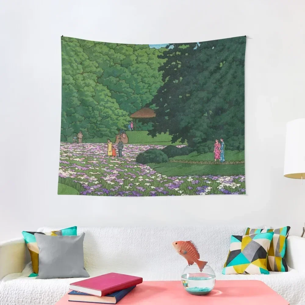 

Iris Garden at Meiji Shrine, Tokyo Japanese Woodblock Print Vintage East Asian Art by Kawase Hasui Tapestry