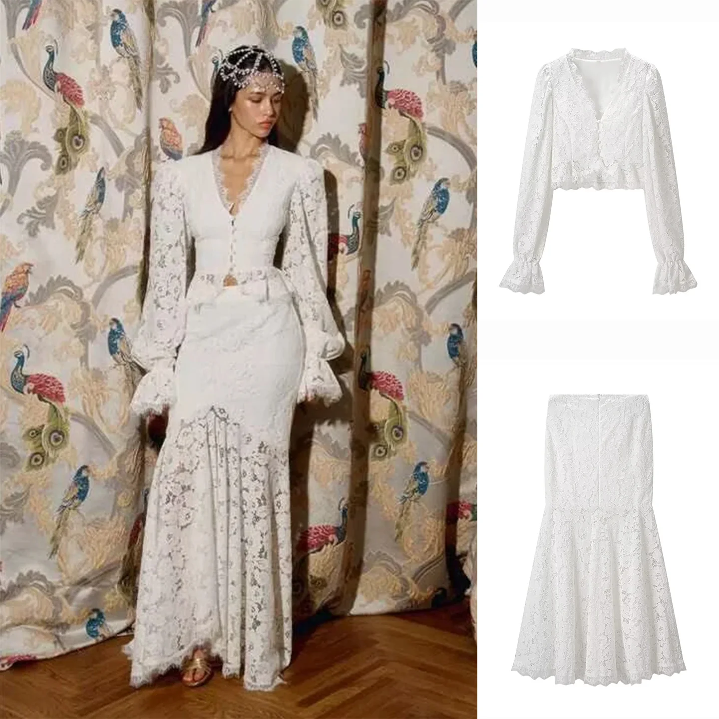 

Весенний новый женский комплект: модный костюм-двойка с длинным рукавом, V-образным вырезом, кружевной отделкой, вырезами и вставками, облегающий, с юбкой и высокой талией