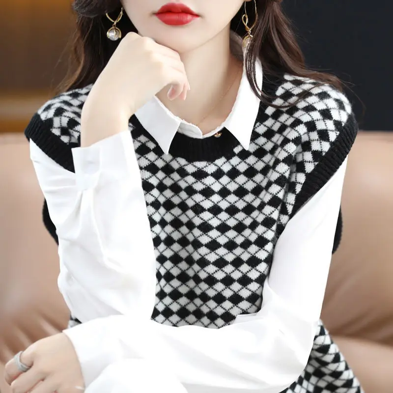 격자 무늬 캐주얼 니트 스웨터 조끼, 한국 여성 의류, O-넥 용수철, 빈티지 민소매 접합 루즈 점퍼, 가을 패션