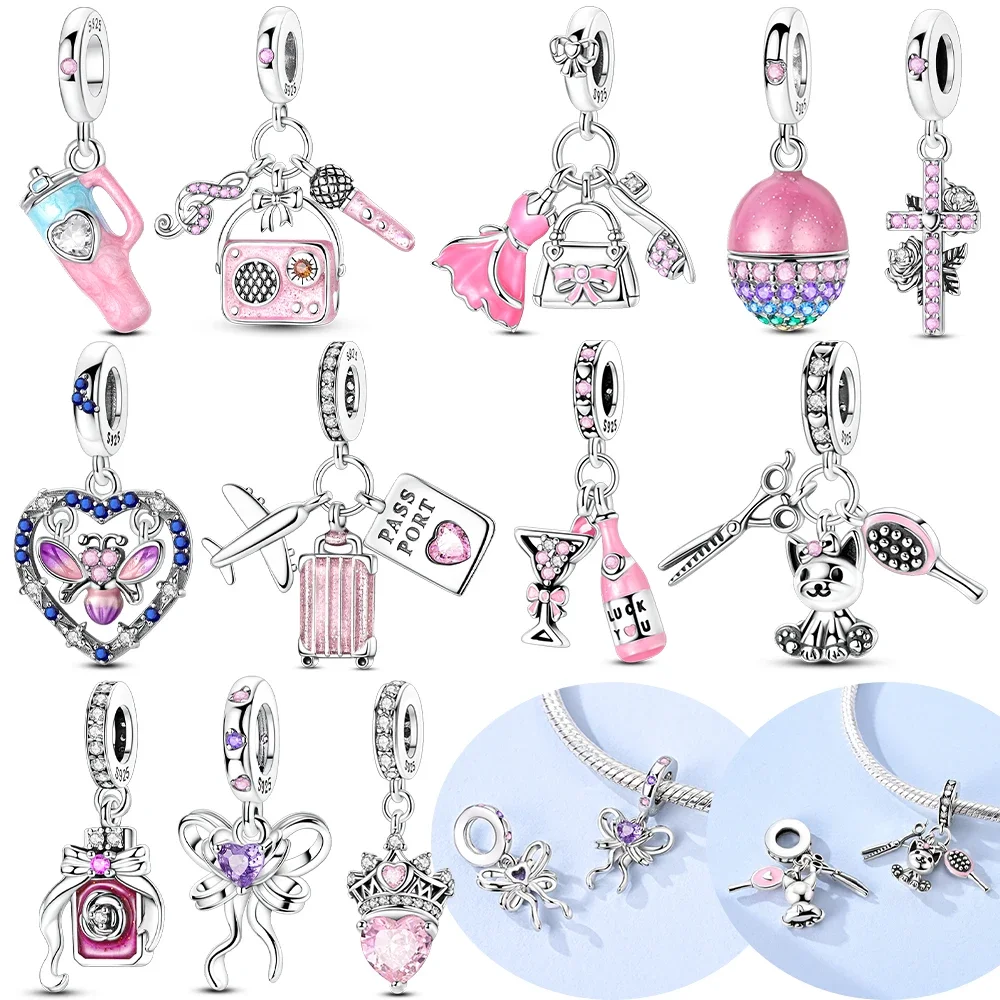 

Чемодан для самолета, кошка, розовый циркон, серебро 925, оригинальные подвески, бусины, подходят для браслета, женские украшения, сделай сам, красивые подарки, аксессуар