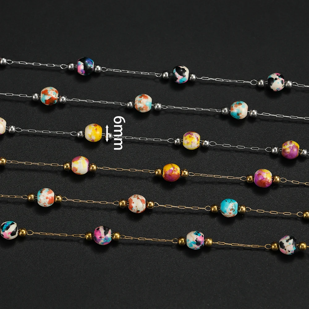 1m Stainless Steel Handmade Chains With 6mm Colored Ceramic Bead Chains for DIY Bracelet Necklace Crafts Jewelry Making Chains