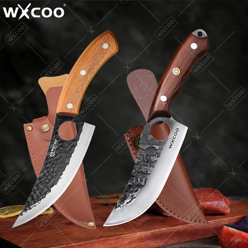 WXCOO 5,7'' Edelstahl-Küchenmesser mit Schutzhülle, handgeschmiedetes Metzgermesser, Obstschneidemesser, Fleischbeil, Ausbeinmesser