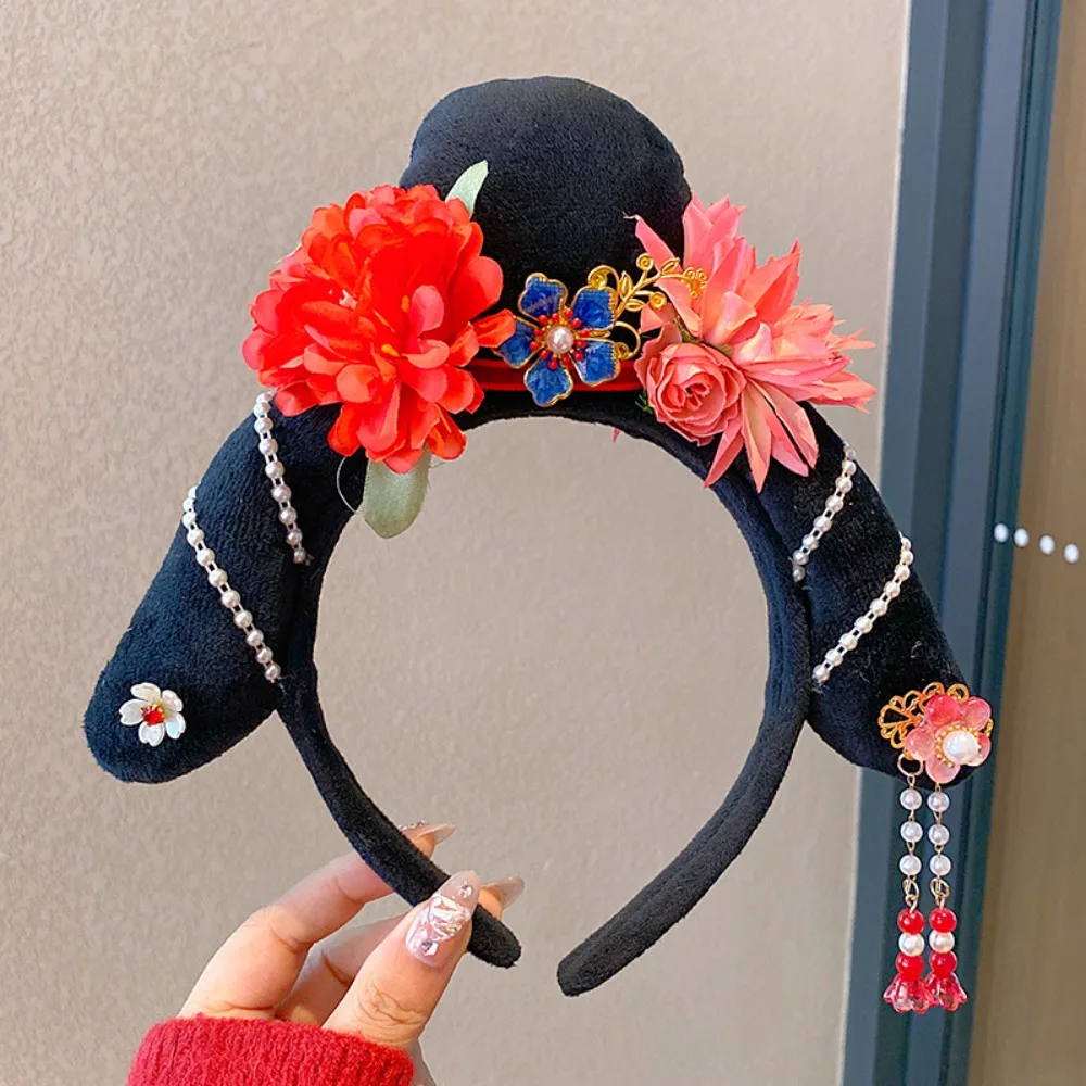 

Flower Chinese Style Headwear Velvet Bow Tassel Ancient Style Gege Headband Snake Year Lion Dance Hanfu Headwear Children