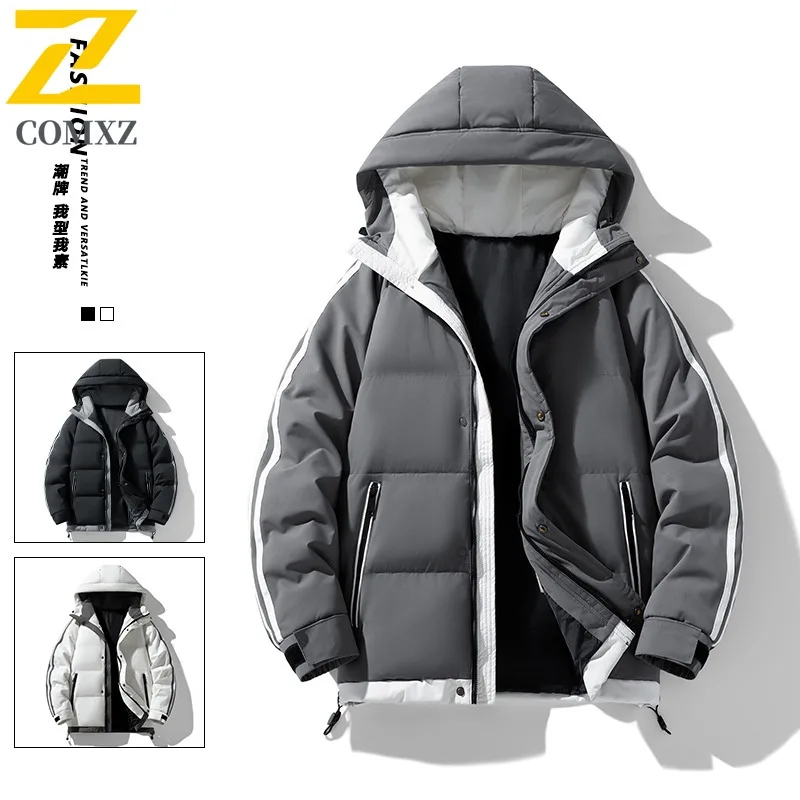 COMXZ 2025 Autumn Winter Plus Size Mens Two Stripe Cotton Jacket M 8XL Hooded Thick Puffer Coat Casual outdoor sports Outwear