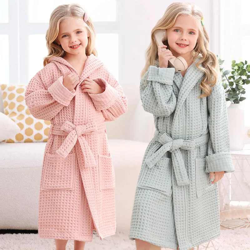 

2025 New Kids Cotton Waffle Bathrobe Hooded Soft Absorbent Solid with Belt Big Pocket Quick Dry Swimming Home Spa